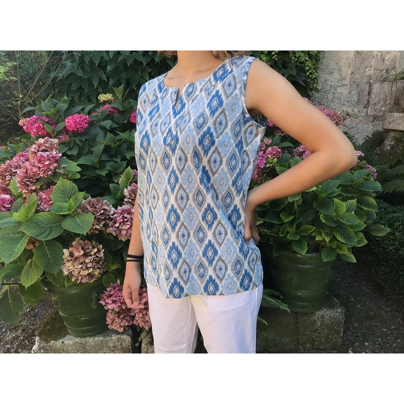 Top caftan TAJ graphique bleu et gris