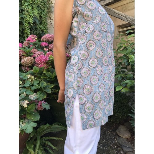 Top caftan MAHAL fleuri bleu et gris