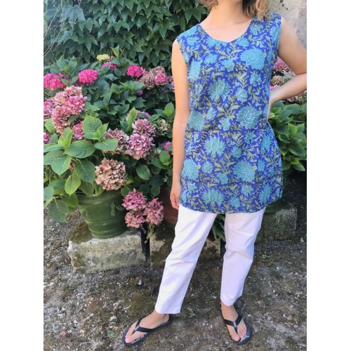 Top caftan MAHAL fleuri vert et bleu