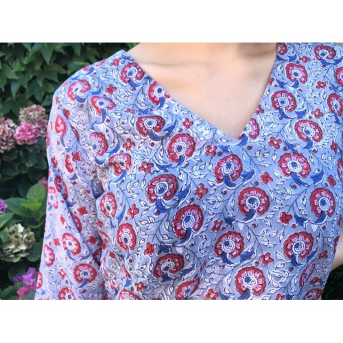 Top tunique caftan RANI fleuri rouge et bleu