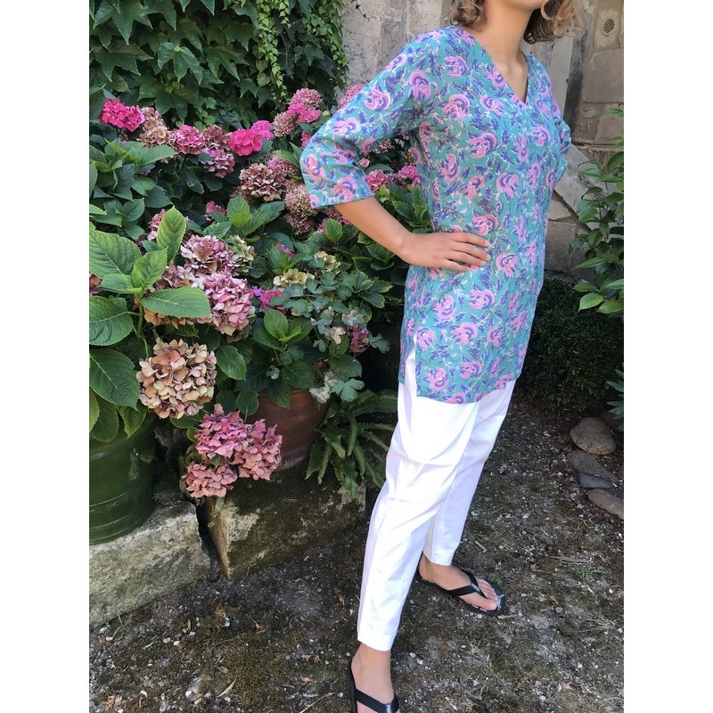 Top tunique caftan RANI fleuri vert et rose